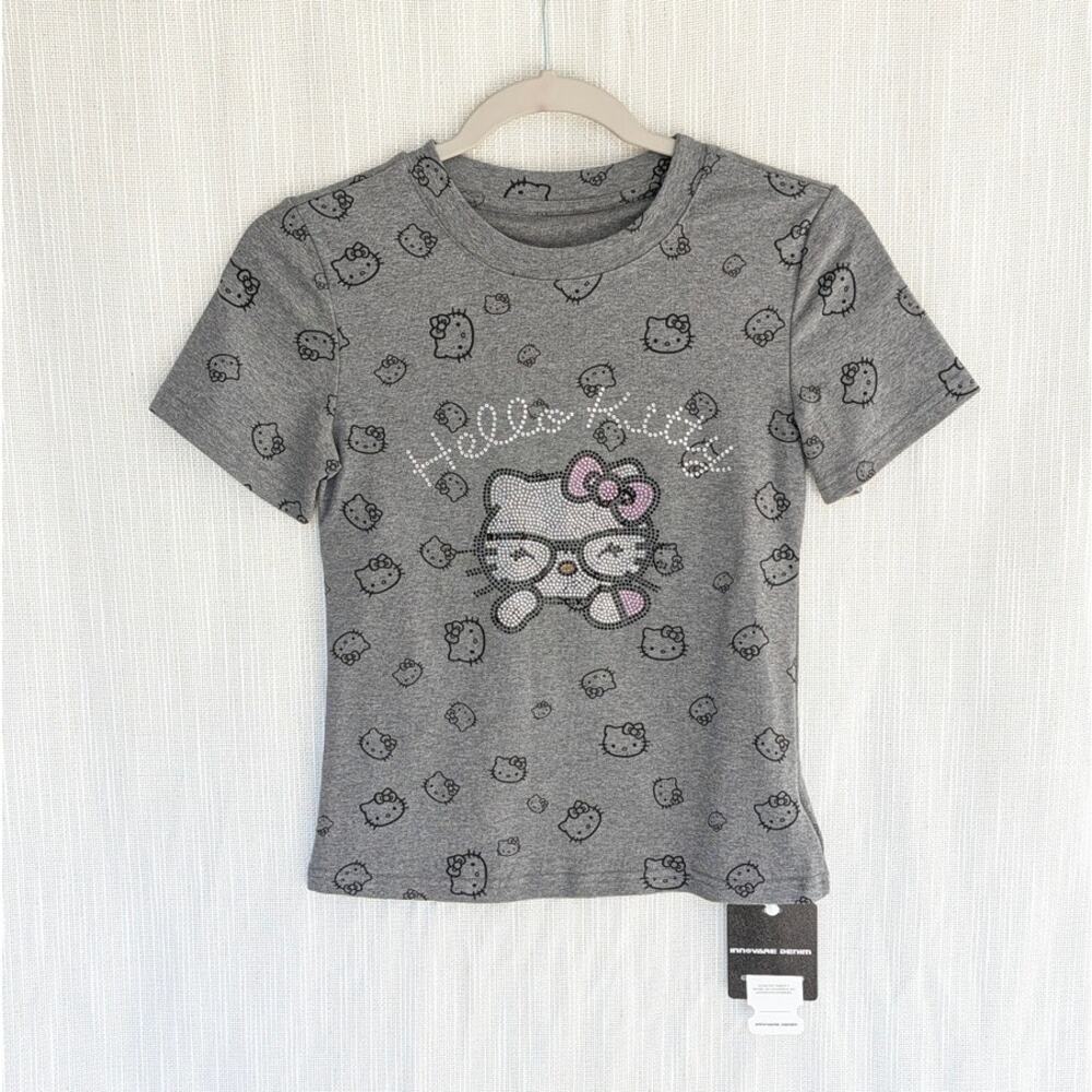 Innovare Denim Hello Kitty Top Womens M Gray Rhinestone Cotton Short Sleeve NWT
